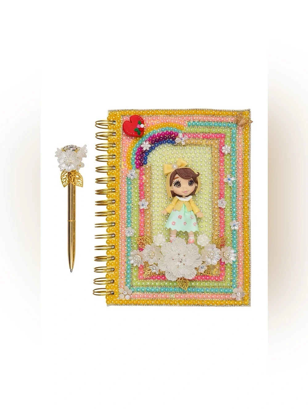 Custom handmade Decorative Rainbow Beaded Notebook with Gold Flower Pen